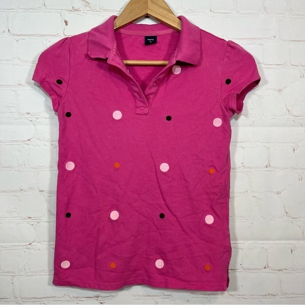 Gap Kids Polka Dot Polo Shirt Girls XL 12 Pink Embroidered
